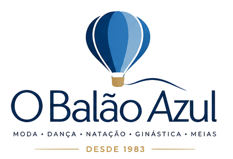 O Balão Azul — logo com balão azul, moda, dança, natação, ginástica e meias, desde 1983